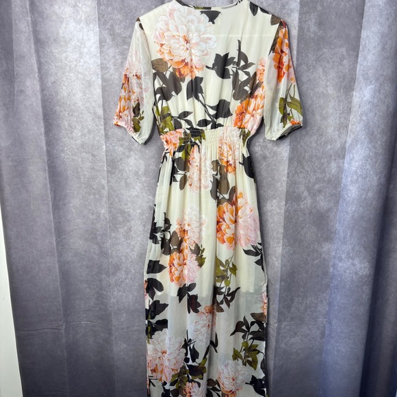 ENFOCU STUDIO Size 4 Floral Maxi Dress V Neck Waist Flutter Sleeve Cream - Picture 3 of 5